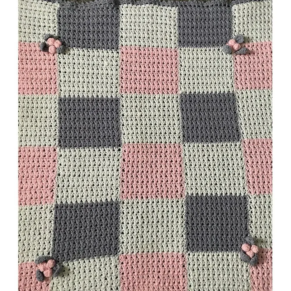 Vintage Hand Crochet knit Baby Blanket 42.5X42.5 color squares and flowers